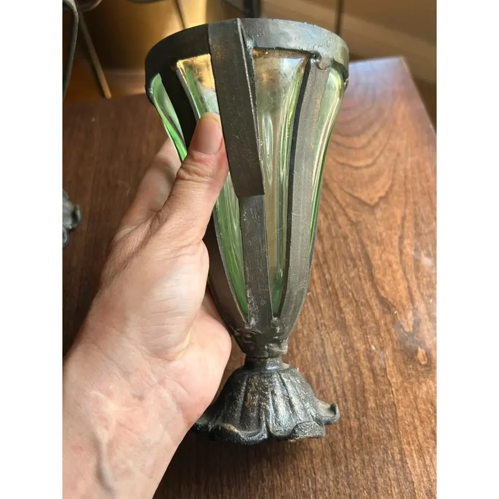 2 Caged Iron Hand-Blown Green Glass Urn Vase gothic medieval rustic